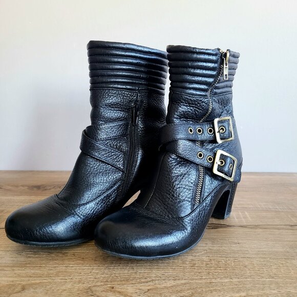 Miz Mooz black booties with brass buckles. - Picture 2 of 9